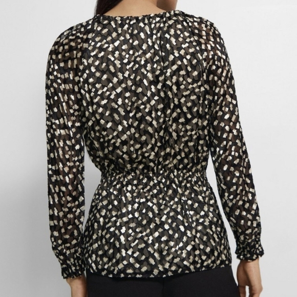 Theory Blouse Top Silk Blend Tie Neckline Gathered Waist Long Sleeve Black L NWT - Picture 9 of 14